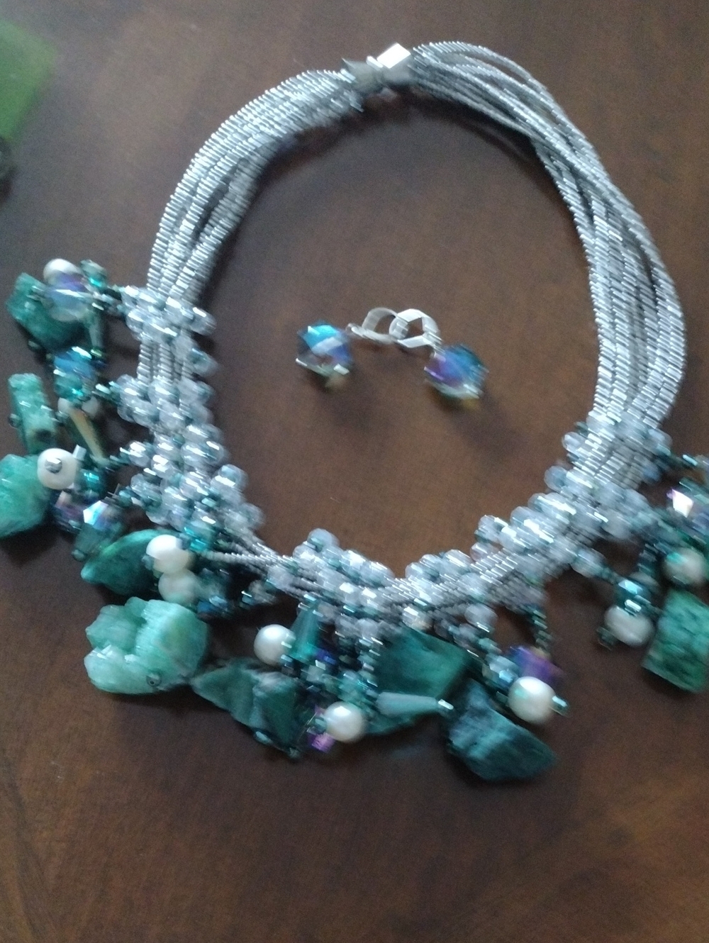 Silver and Teal Beaded Statement Necklace with Matching Earrings